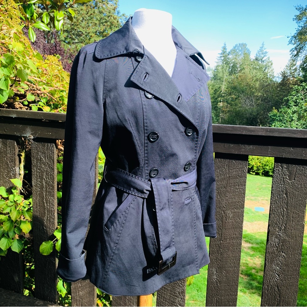 Zara Woman Navy Blue Trench Coat Belted Hip Length Size M